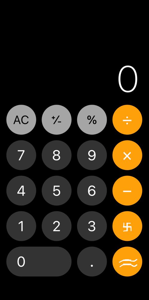 The iPhone calculator, but the plus sign is a swastika and the equals sign is an approximation sign. 