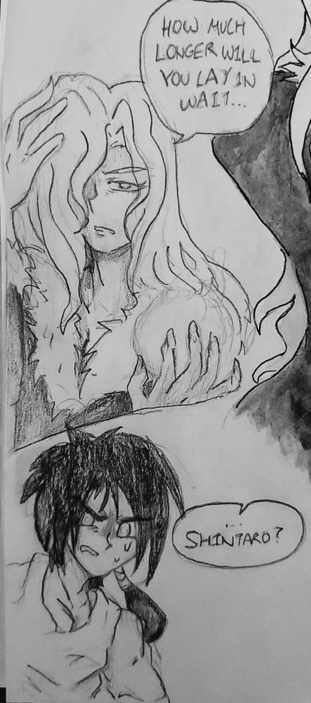 vague redraw of a scene from papuwa-kun. service is preparing an energy blast with his hand in his hair, saying 'how much longer will you lay in wait... shintaro?' shintaro is watching from the sidelines, totally freaked out