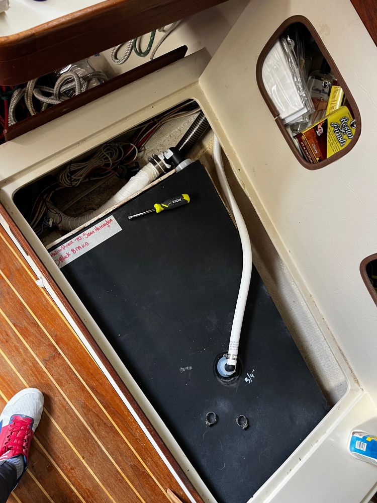 A photo of our newly installed black water tank on our sailboat