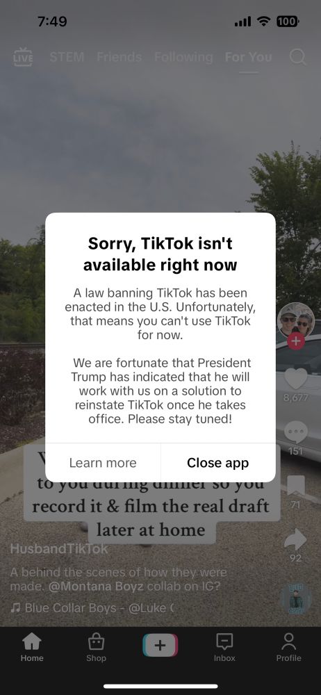 A screenshot of a tik tok error message saying the app is unavailable but that “we are fortunate President Trump has indicated he will work with us on a solution…”