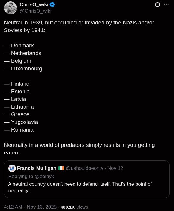 Francis Mulligan says: "A neutral country doesn't need to defend itself. That's the point of neutrality."

ChrisO_wiki responds:

Neutral in 1939, but occupied or invaded by the Nazis and/or Soviets by 1941:

— Denmark
— Netherlands
— Belgium
— Luxembourg

— Finland
— Estonia
— Latvia
— Lithuania 
— Greece
— Yugoslavia
— Romania

Neutrality in a world of predators simply results in you getting eaten.