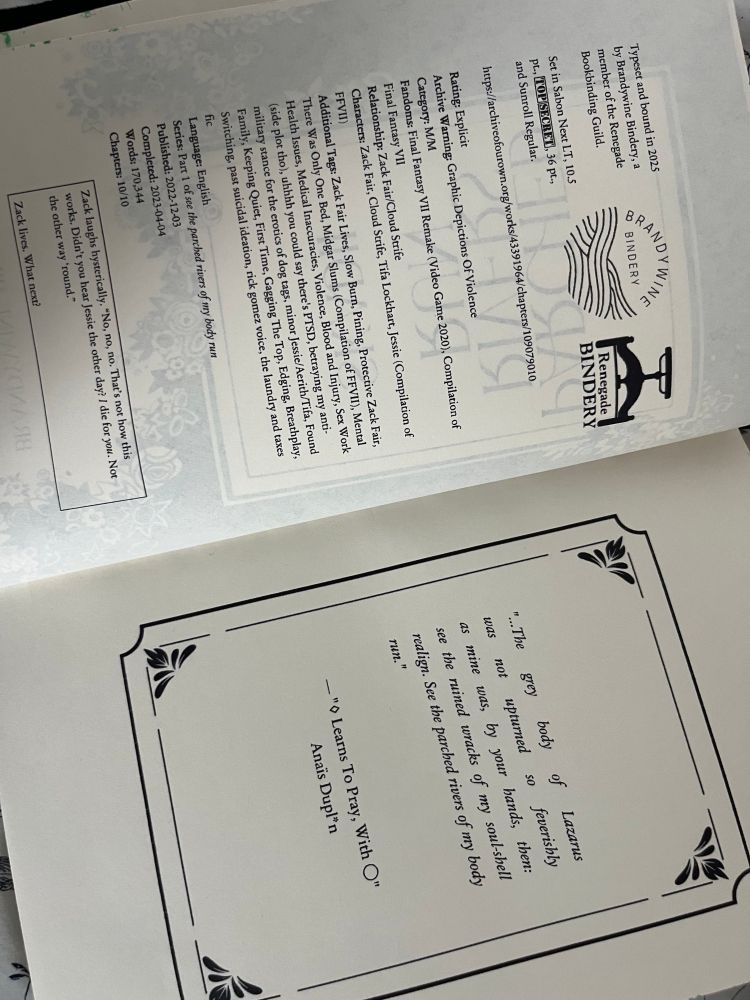 an open book. on the left is the ao3 description of parched rivers run, along with printing information and the stamps of brandywine bindery (waves filling a half-circular shape) and renegade bindery (a black piece of equipment i honestly can't identify but assume is a book clamp). on the right is the poem "♢ Learns to Pray, with ● " by anais duplan