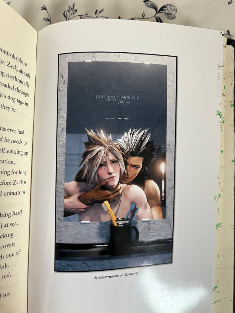 a glossy print of kaorismash's render of zack behind cloud, reflected in the mirror, inset into the book