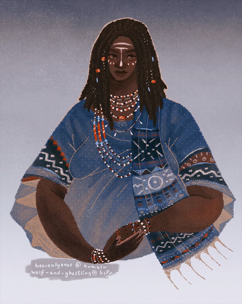 an illustrated portrait of a black woman, wearing traditional african mud cloth tunic and beaded jewellery.