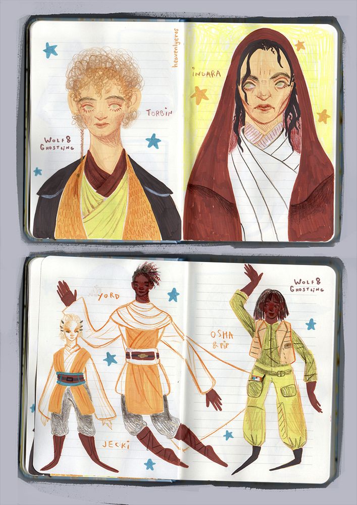two sketchbook scans featuring characters from the acolyte star wars tv series. the first scan consists of two portraits, of padawan torbin (young) and master indara (old) respectively. the bottom scan is full body drawings of jecki lon, yord fandar, osha aniseya (and a tiny appearance by pip the droid)
