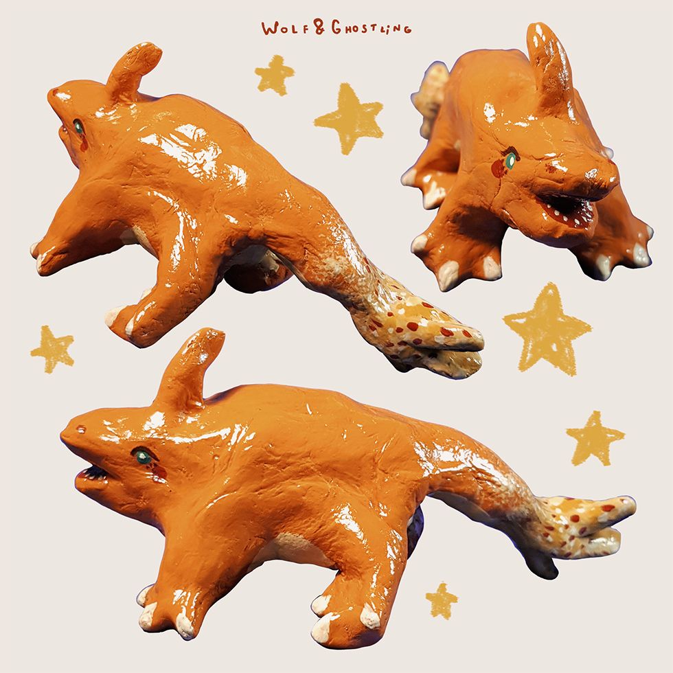 three angles showcasing a chunky, glossy sculpture of the pokemon charmeleon, surrounded by yellow scribbled stars.