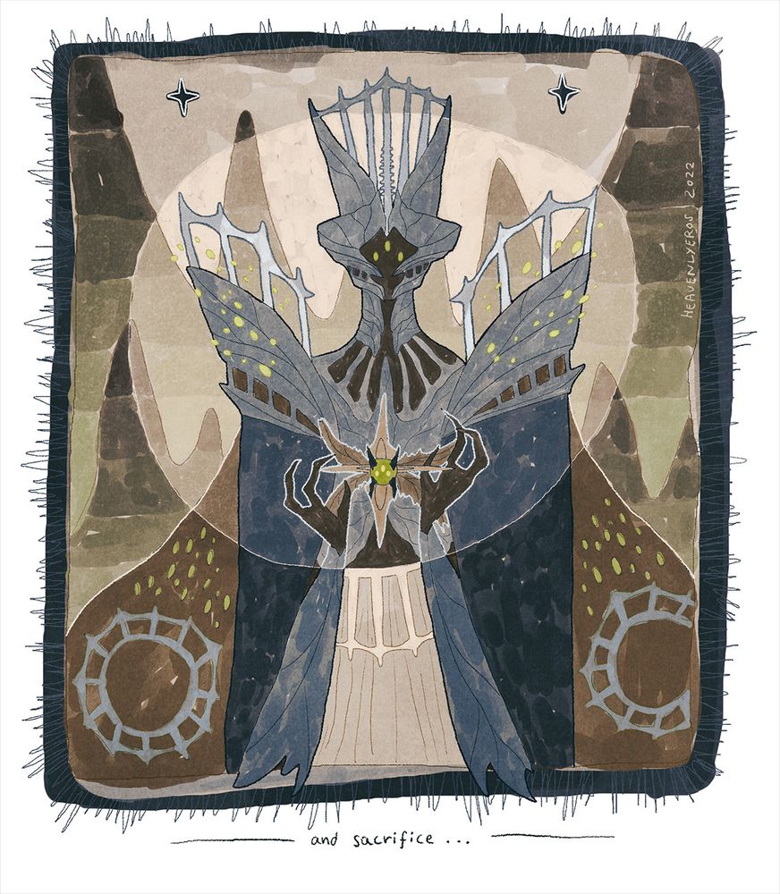 an illustration of savathun holding immaru, from destiny 2 the witch queen