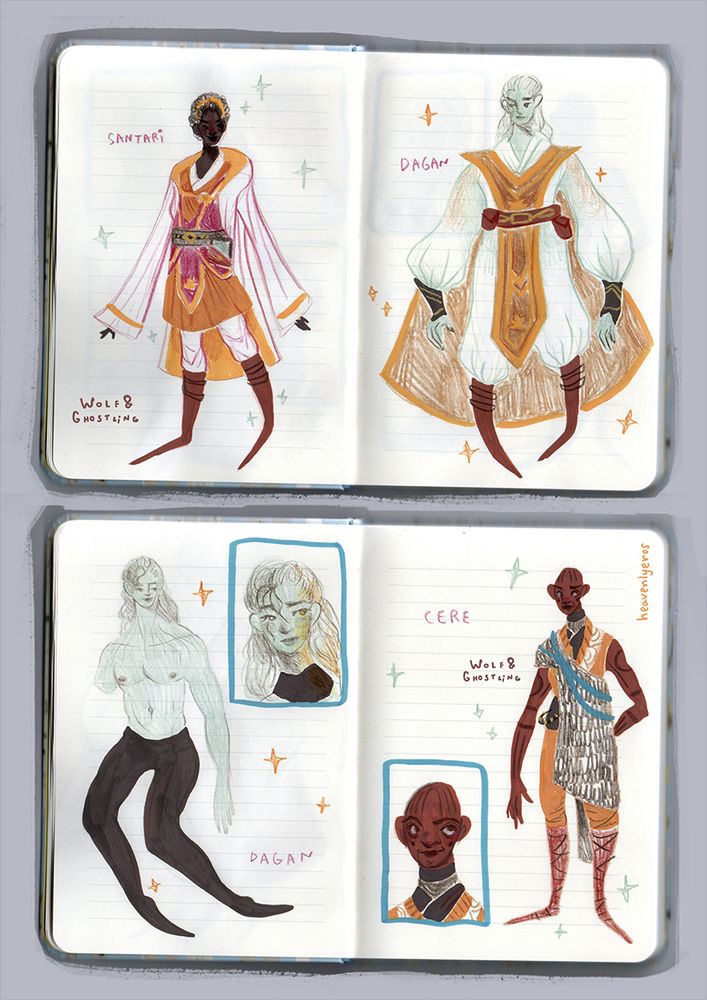 two sketchbook scans featuring characters from the star wars video game jedi survivor. in the top one, full body sketches of santari khri and dagan gera in his high republic days. in the bottom one, a portrait and full body of dagan gera immediately post bacta tank, and opposite a portrait and full body of cere junda.