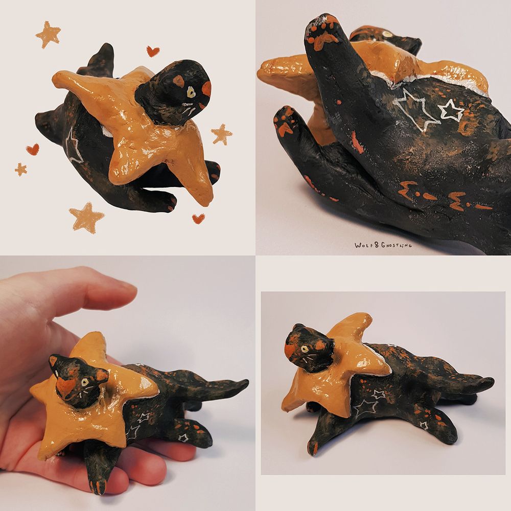 photos of a little cat sculpture. her name is mimi and she is black with orange speckles. her nose is large and heart shaped. she is wearing a big, glossy sunshine yellow collar that is star shaped.