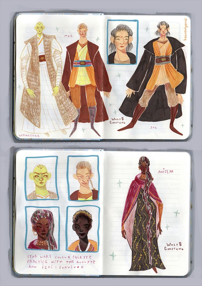 two scans of a sketchbook, featuring characters from the acolyte star wars tv series. on the top one there's vernestra rwoh, mog adana, and master sol. they return on the bottom scan, alongside mother aniseya and master santari khri from the jedi survivor video game