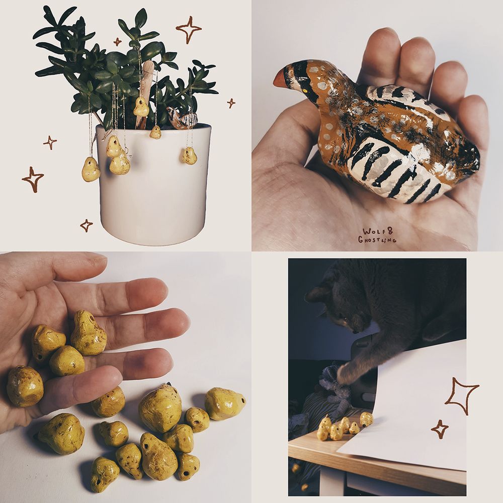 photos of 5 partridge sculptures accompanied by sculpted pear baubles hanging on golden string