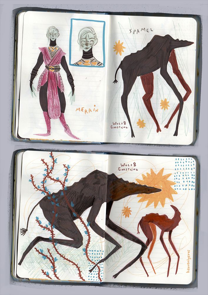 two sketchbook scans featuring limited palette sketches from the star wars video game jedi survivor. the first drawing is a full body and portrait of nightsister merrin in her fallen order outfit. the following two drawings depict spamels, the long legged creatures from jedha