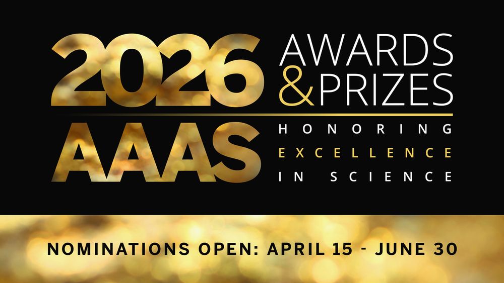 Banner with gold and white text on a black background. Text reads: "2026 Awards & Prizes: Honoring Excellence in Science. Nominations Open: April 15 - June 30".