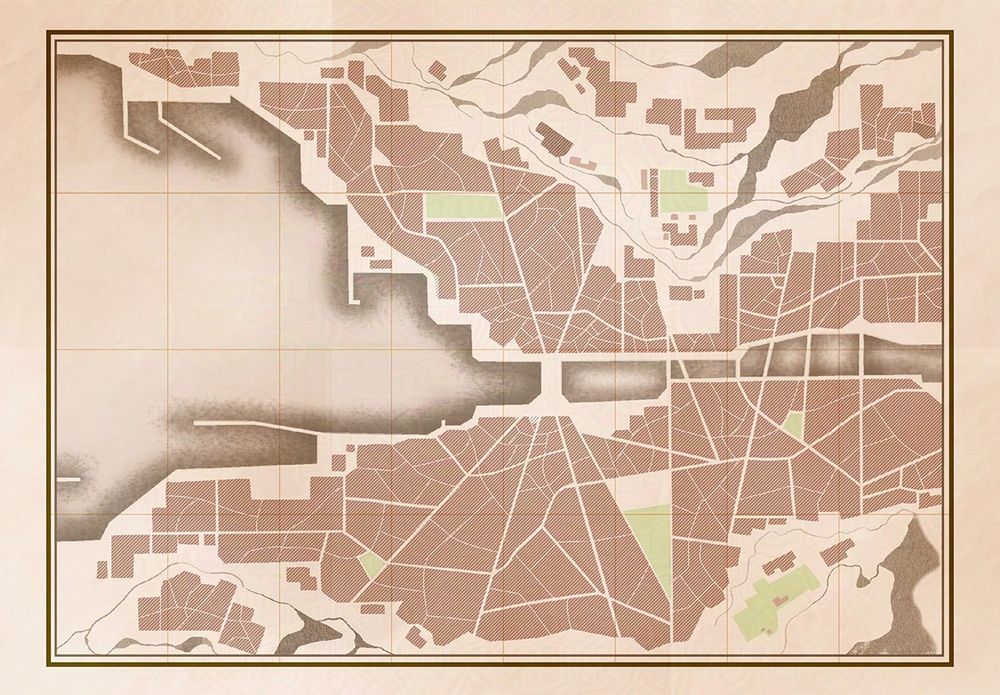 An unlabeled city map, detailing a city built down both sides of a river delta, with several bridges crossing the river.