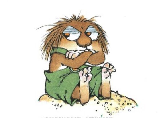 Little Critter, from Mercer Mayer's books, is sitting in the dirt with his arms crossed across his chest. Helooks grumpy and is giving tremendous side-eye. This little Critter is completely fed up with all the things. 