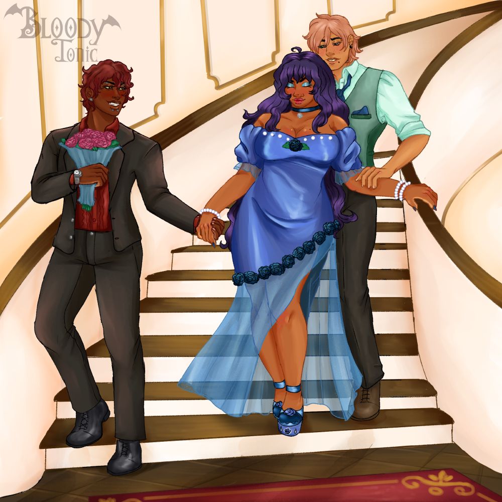 @demon-apologist.bsky.social 's OCs (from left to right) Andre, Nikki, and Eric. They are in fancy party attire while standing on a ballroom staircase. Andre leads Nikki by the hand while holding a bouquet of pink roses, Eric is holding her from behind while smiling, trying to speak with her

Nikki smiles with her eyes closed, amused by the situation