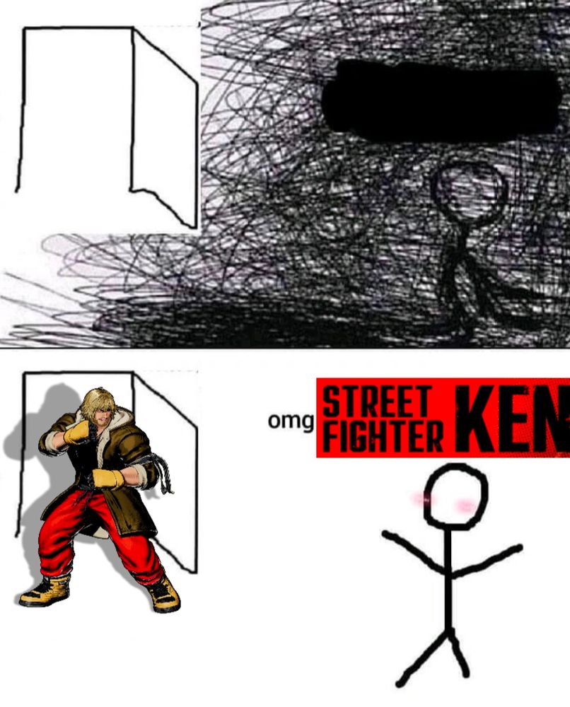 Stick figure sitting in darkness with empty doorway behind them in panel 1

Panel 2 Fatal Fury: City of the Wolves render of Ken Masters in in doorway and stick figure is blushing and says "omg street fighter Ken"