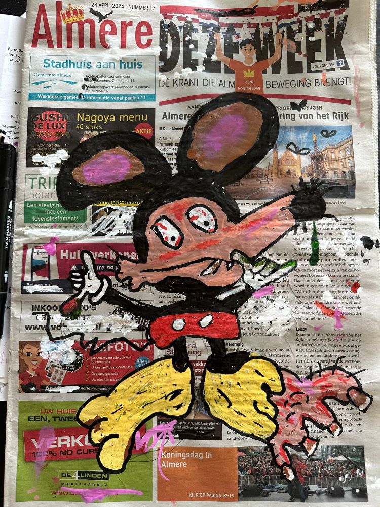 um Mickey feio com nariz fino, pés enormes com um dos sapatos rasfados, meleca no nariz, todo esgualepado