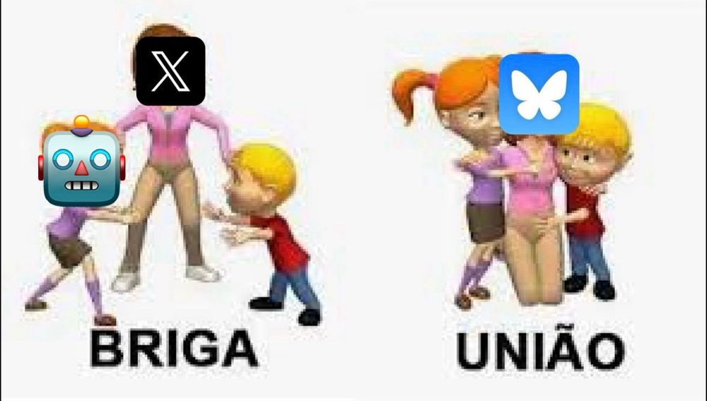 meme com dois quadrinhos

o primeiro mostra uma mãe separando a briga de duas crianças e com a legenda “Briga”, só que a cabeça da mãe é o logo do X e é uma criança brigando com um robô

o outro é o Bluesky, com a mãe abraçando a as crianças, e a legenda diz “união”