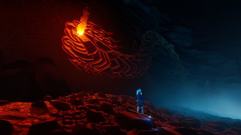 The Wraith's blue flame resembles the blue light in the right half of the image, while the red flame of an engraved serpent's eye illuminates the left half of the image.