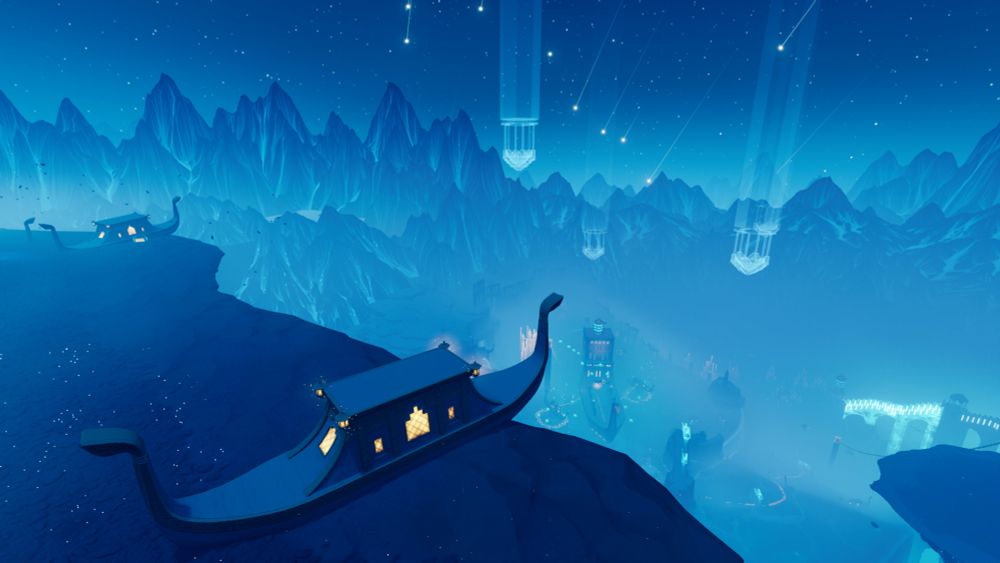 A gondola lit from within sits at the edge of a cliff in the blue expanse of the Sacred River region.