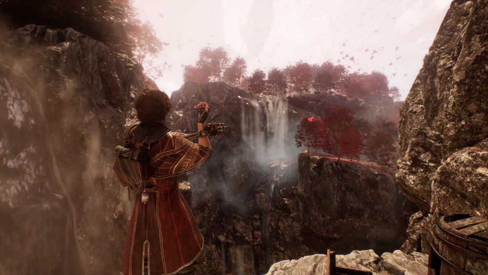 Gustave looks out on a waterfall among red trees in the near distance.