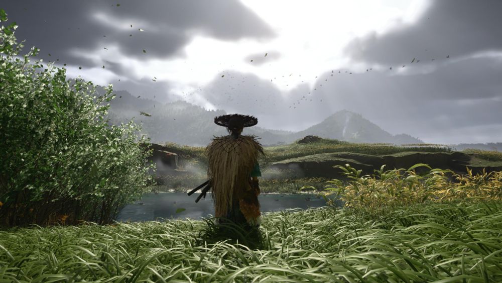 In a grassy cloak, Atsu looks off at a distant mountain as dark clouds above threaten rain.