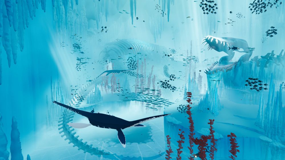 The bones of ancient sea creatures litter a flooded cave, as do stalactites, stalagmites, and red kelp. In the foreground, the Wraith rides a live plesiosaur.