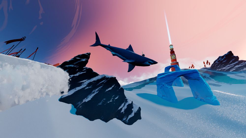 The Wraith gets some air riding a shark as blue and pink hues collide in the sky above.