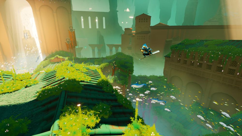 The Wraith (the player character) leaps from a mossy rooftop as ocean fauna glide by below.