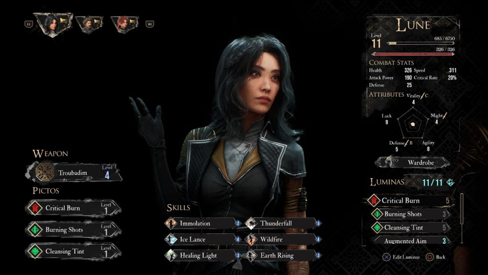 Lune's in-game character sheet. She's Lvl. 11 here, with 11/11 Lumina points allocated.