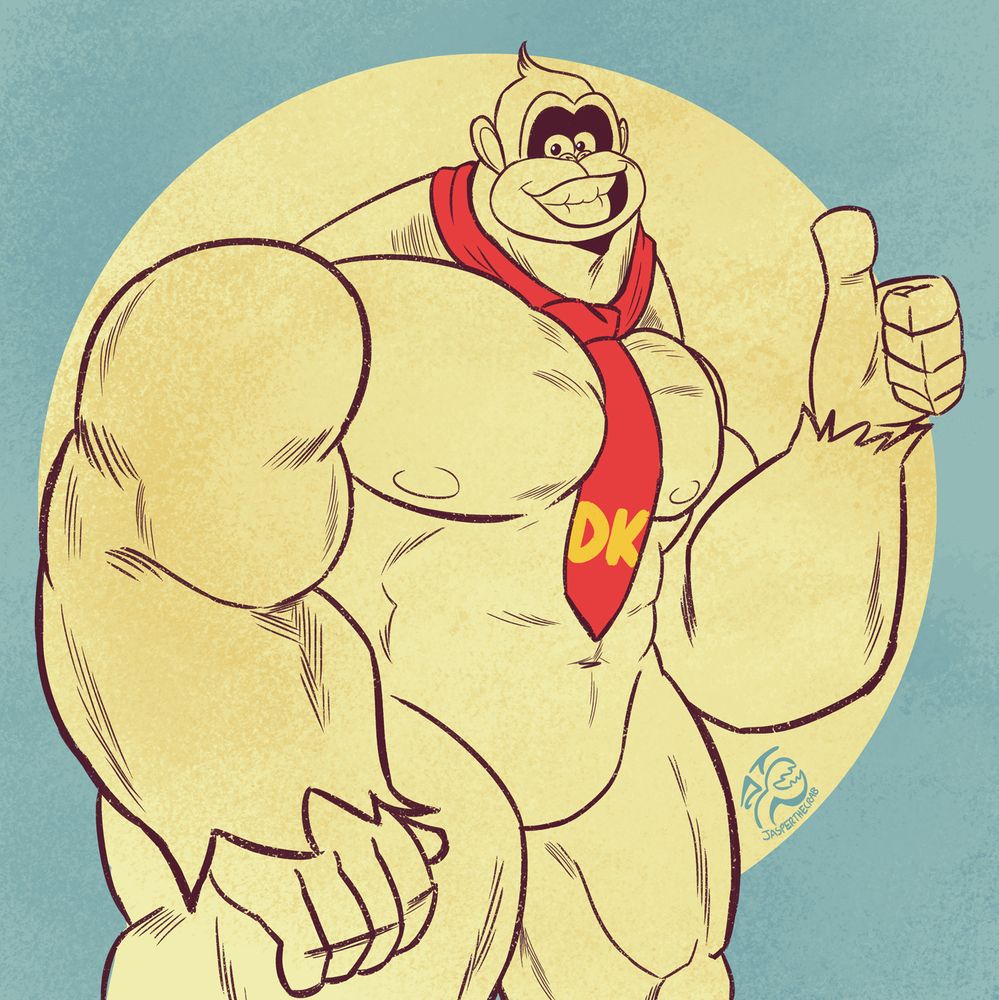 wip of fanart of donkey kong giving the thumbs up, a huge grin all over his face