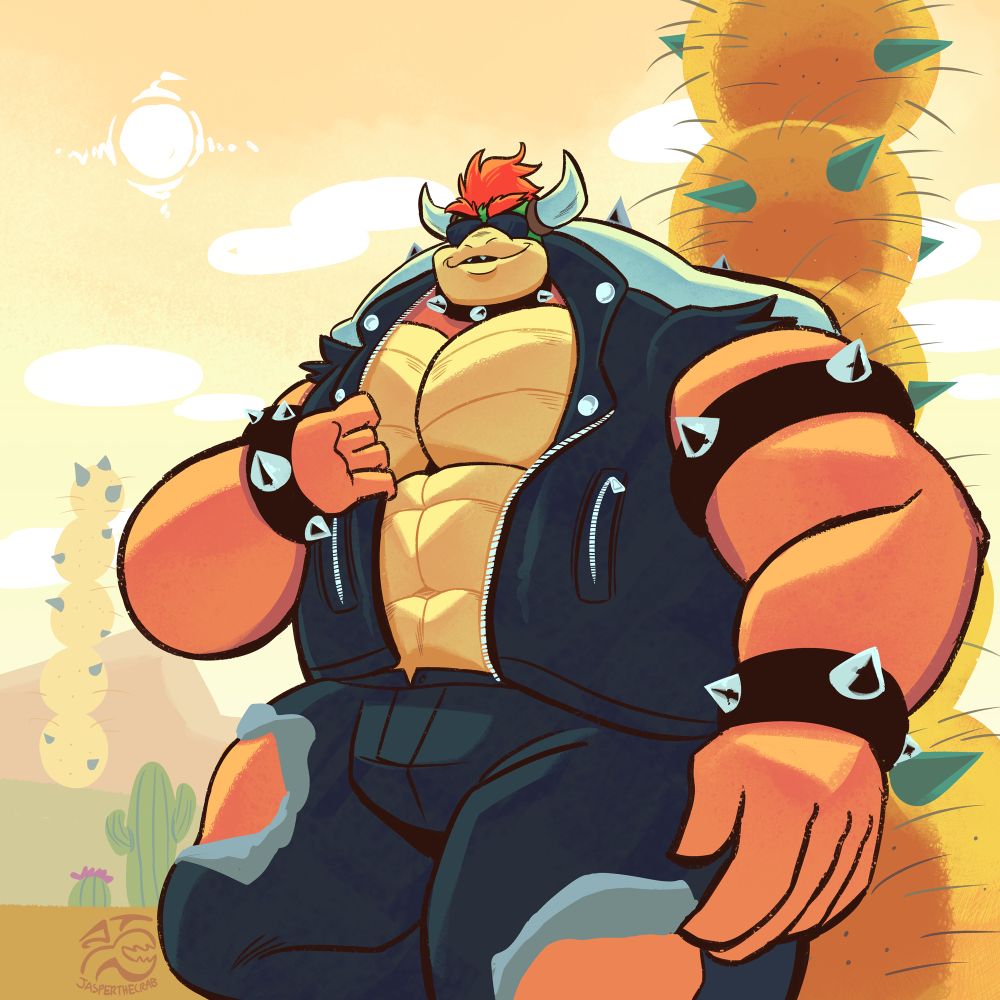 art of bowser in a biker outfit with torn sleeves and torn patches on his pants. his leather vest is open, allowing a peek at his chest and abs