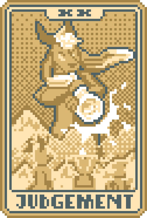 Az looming over mountains in the horizon, dooting a big wind instrument at 6 small vague silhouettes in the foreground