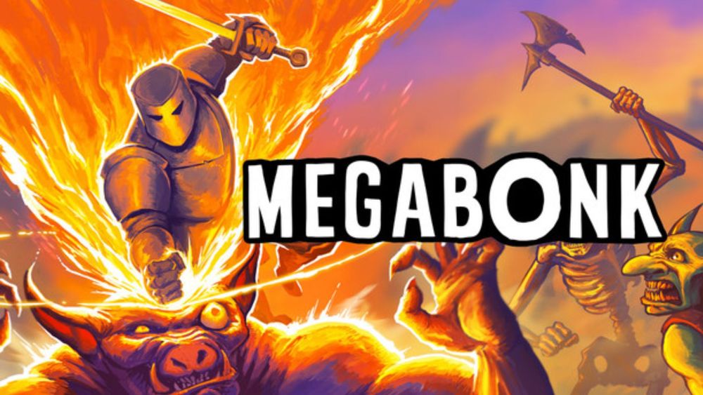 The megabonk splash art featuring a knight caving in a pig monster's skull while a horrified goblin watches and a skeleton raises an axe