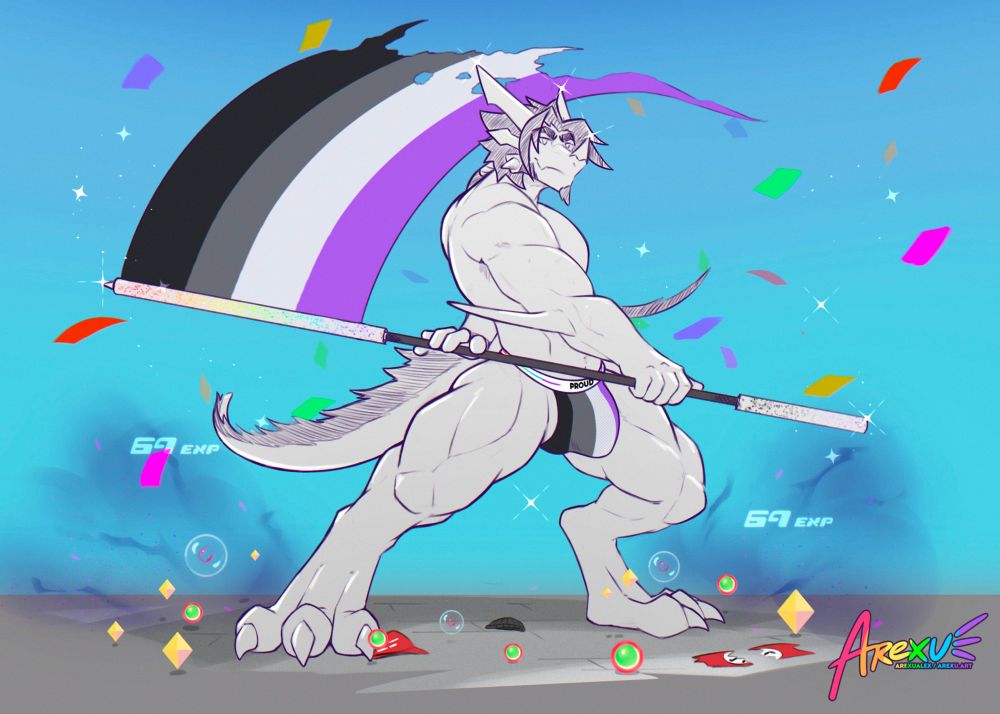 Arexu with a flag surrounded by munny, HP and MP orbs. Some bigoted items lay on the the ground; the belonged to people but were defeated by Arexu.

Never give up the fight!

#arexu #arexualex #arexuart #pridemonth #furry #furryart #art 