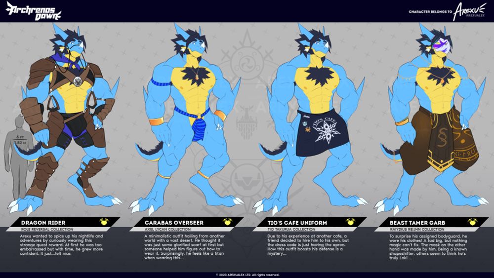 Arexu in unconventional armor and leaves little to the imagination. 

Dragon Rider, Carabas Overseer, Tio’s Cafe Uniform, and Beast Tamer Garb

#arexu #arexualex #furry #furryart #art #arexuart #refsheet #ref