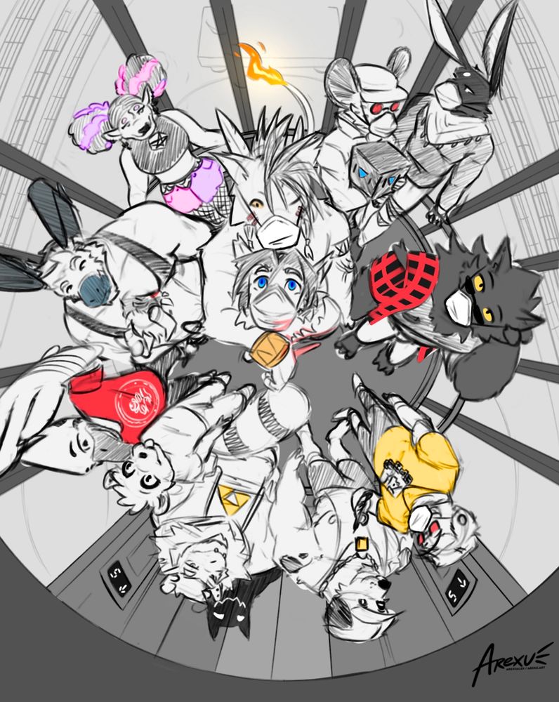 A group of furries in the Mariott Marquis elevator at FWA. 

Center: Aelaz (Arexu)
Clockwise from the top: Red XIII (SpecLion), Eric Strother, Stigmata, V (V-Art), Æther (Aetherotter), Ratharn, Thurst (Jazzwolf), Rigby (Barkbleat), Mordecai (PJ / DespaBleatO), Zeki (ZekiDragon), Buck (BuffBuck), Milly (LuckyMiltank)

#arexuart #furry #furryart #arexualex