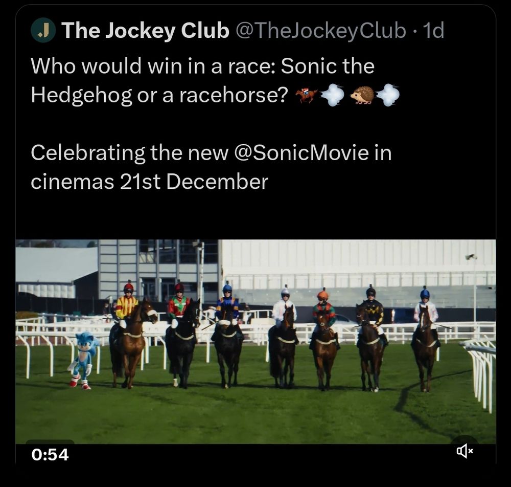 Jockey club tweet which is promoting Sonic 3 (a film) where the tweet contains media which shows Sonic racing racehorses around Cheltenham with Richard Hoiles commentating.