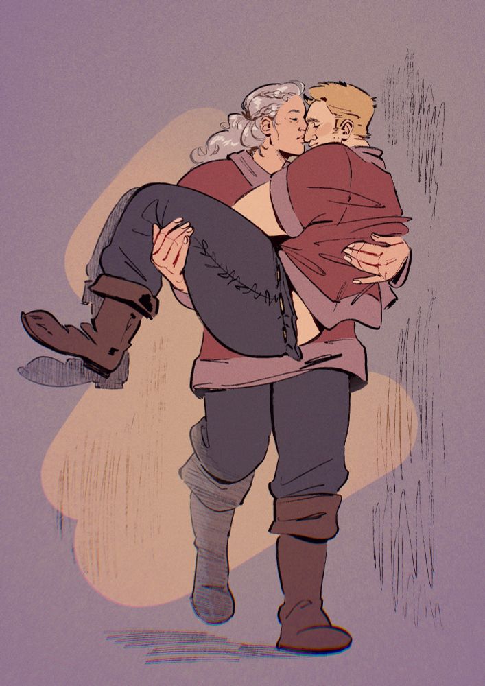 Art of a blonde white woman carrying a blond white man, holding him close and kissing his nose. Both are dressed in red uniform tunics, black pants, and brown boots 