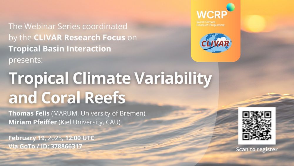 Flyer for Tropical Climate Variability and Coral Reefs Webinar. A QR code for registration is in the lower right corner of the image.