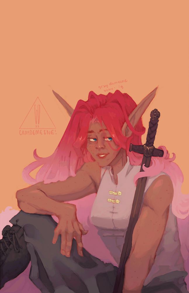 A digital illustration by graydemesne, featuring willowbun's character Holly. She is smiling.

She has a sword propped up against her arm and shoulder as she is seated on the ground.