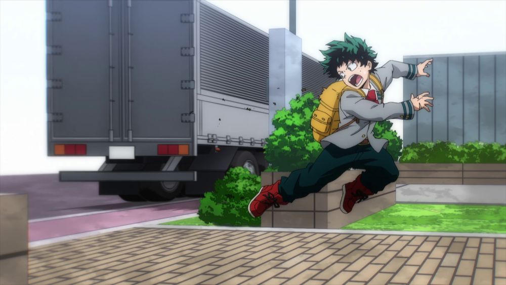 Deku avoiding getting hit by a truck in Tomura Shigaraki's subconscious.