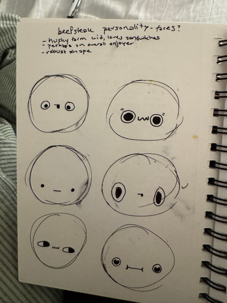 6 derpy faces for beefsteak tomato, drawn in ink and slightly smudged 