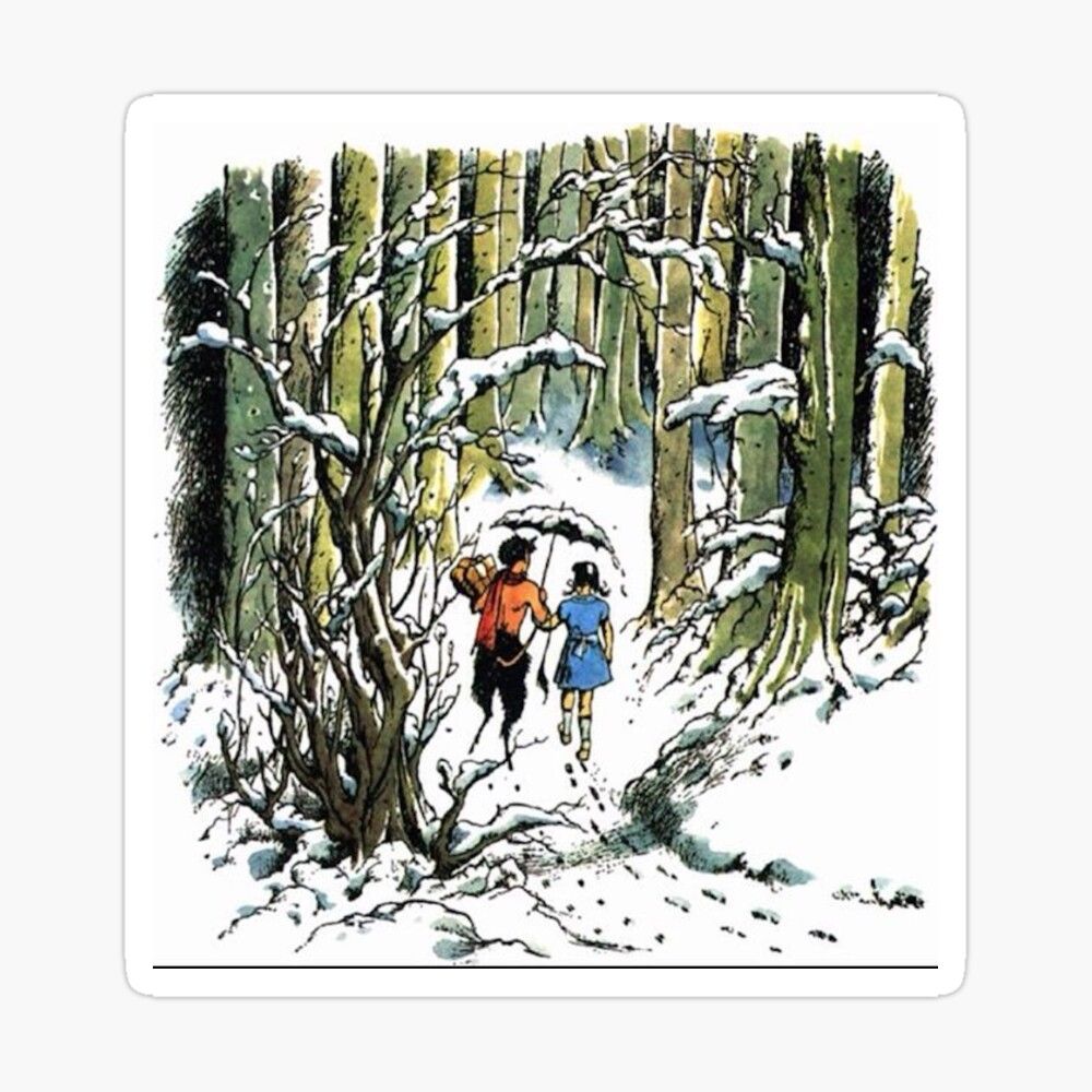 A faun walking through a snowy wood carrying an umbrella and parcels... with Lucy, Daughter of Eve.