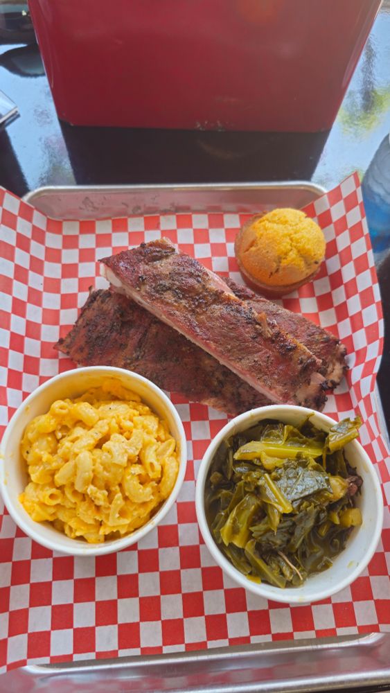 Ribs, collard greens, mab & cheese, cornbread soul food pic.