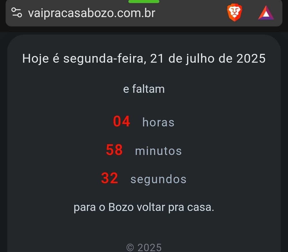 Tela do site que compartilhei, mostrando que faltam 4 horas e 58 minutos pro Bozo voltar pra casa. 