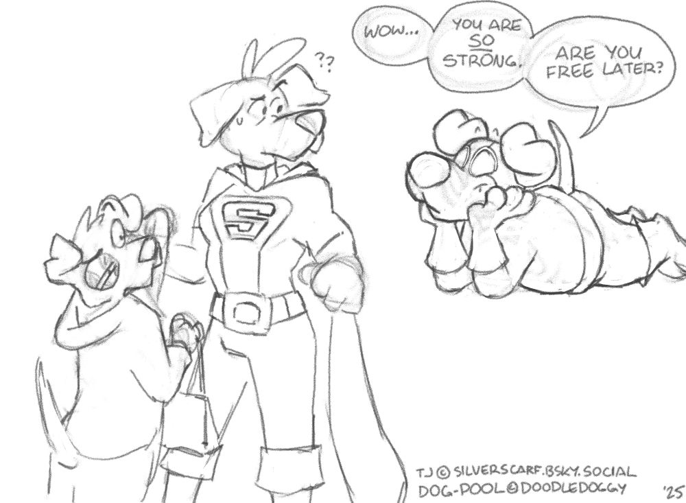 sketch of a dog superhero hitting on another dog superhero while both the first dog and the criminal they are currently apprehending look at the other in confusion