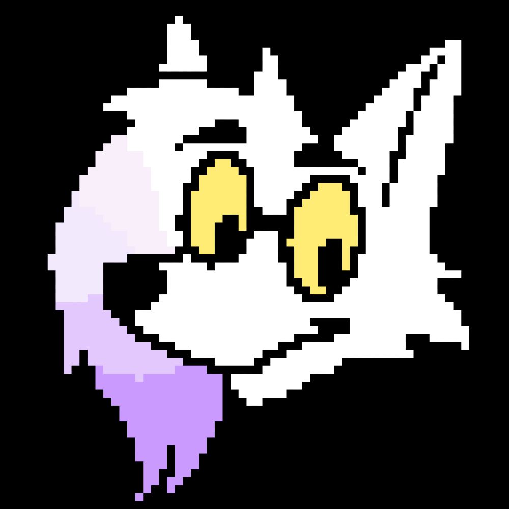 deltarune style dialogue icon of a white fox with glasses and ourple hair highlights