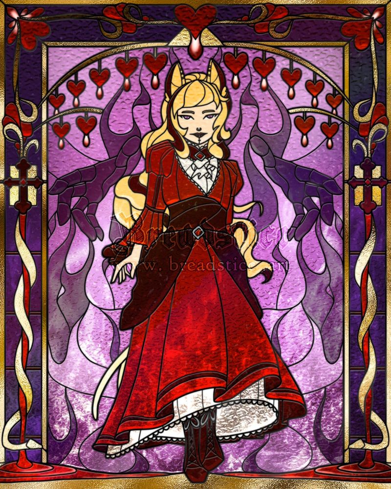 Digital stained glass illustration. The character in the center wears a gothic styled dress that is a vibrant crimson color with white underneath. His long wavy hair dances behind him as the wind lightly picks it up, and is a goldenrod color with a dark streak on each side. Above him are golden branches with red bleeding hearts hanging from them in rows. Behind him are lavender flames with darker purple spectral hands emerging from either side, reaching as if ready to grab him and pull him into the flames. Along the border, there are more red hearts, golden branches, and two sanguine crosses that bleed into pools at the bottom. The blood is wrapped in golden snakes as it trails from the bottom of the crosses into the pools of blood at the bottom of the border. The character stands at the edge of the pools of blood, with a graceful reserved, yet powerful posture to show the pain he has gone through to get where he is.